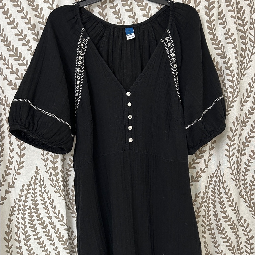 Old Navy Black Midi Dress with White Embroidery